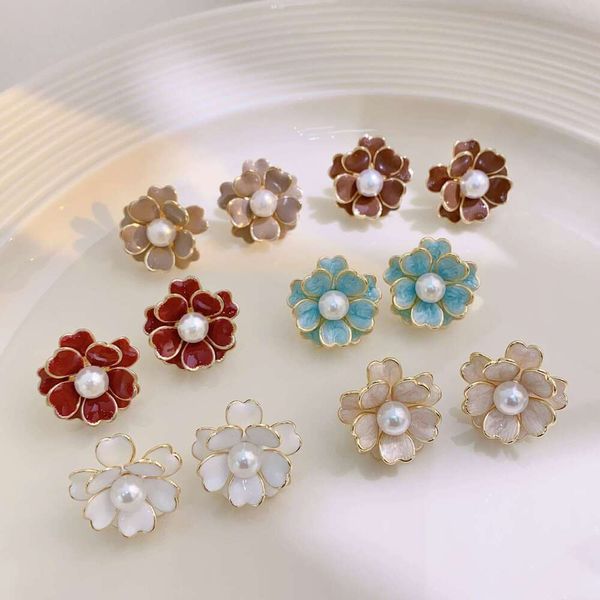 Korean Fashion Earrings: Copper Gold-Plated Flower Enamel Drop Studs - Trendy Lightweight Niche Style with Sterling Silver Needle J260225
