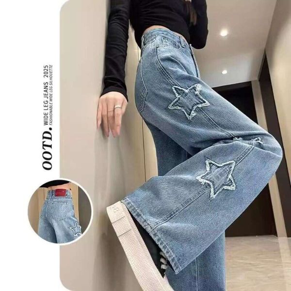 

Designed Slimming Jeans for Women, Spring and Autumn Hot-Selling High-Waisted Frayed Edge Star Narrow Version Petite Straight Wide-Leg Pants, Dark blue petite choose if height is