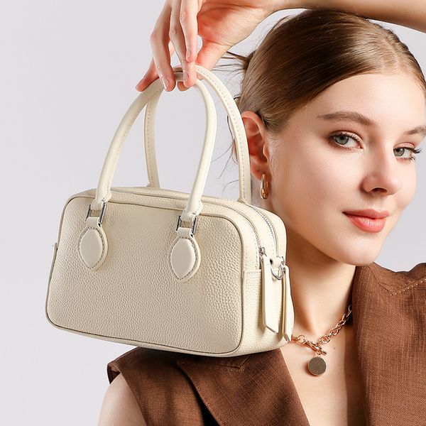 

Genuine Leather High-End Feel Handheld Boston New Spring Summer Mini Crossbody Shoulder Pillow Underarm Women's Bag, White