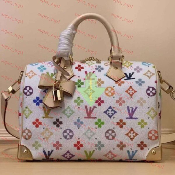

10A New Leathers Colorful Flower Pillow Travel Bag Women Leather Designer Speedyss Classics Presbyopia Shoulder Bags Crossbody Handbags Totes Pouch Purse _Top1, #2black colorful flower large:30x21x17cm