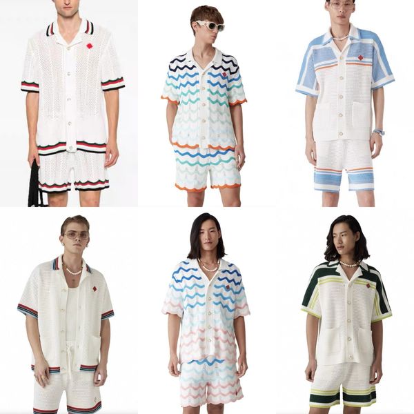 

25ss casabalnc early fall tide new knitted casual shorts men luxury designer loose embroidered print hollow short sleeve knit cardigan shirt sweater coat top set tn, Forestgreen