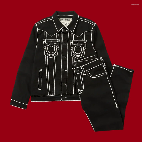 

Men's Tracksuits Street Hip Hop Loose Jeans Motorcycle Jacket Two Piece Set Harajuku Pattern Embroidered