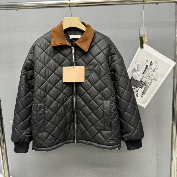 

Designer Womens Jackets Retro British style light core velvet contrasting color lapel diamond patterned cotton coat jacket, M2