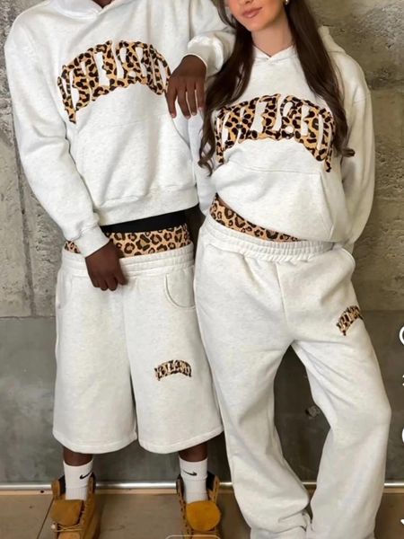 

Women's Two Piece Pants 2025 Trendy High-quality Cross-border Leopard Print Casual Sports Men's And Hooded Sweatshirt, Short pants