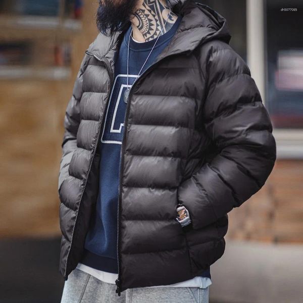 

Men's Down Maden Casual Lightweight Waterproof Quilted Hooded Cotton-padded Jacket Warm Solid Color Zippered Coat Versatile Outerwear, Black