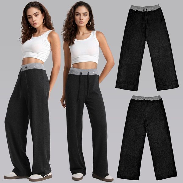 

Yoga Fashion Casual Solid Sports Trousers for Women Knitted Drawstring Women's Wide-Leg Pants Loose Straight Fitness Baggy Sweatpants, Black