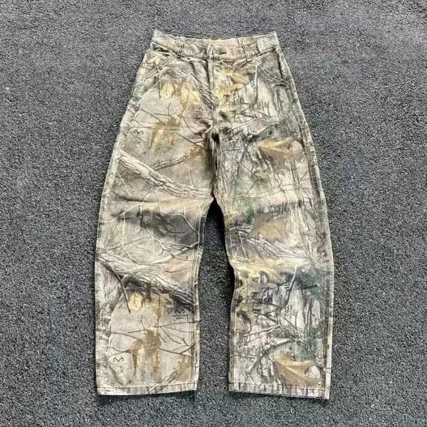 

Men's Jeans Retro Casual Versatile Branch Camouflage Pants Washed Work Trousers Loose Fit Hip Hop Style Summer Arrival, Picture color
