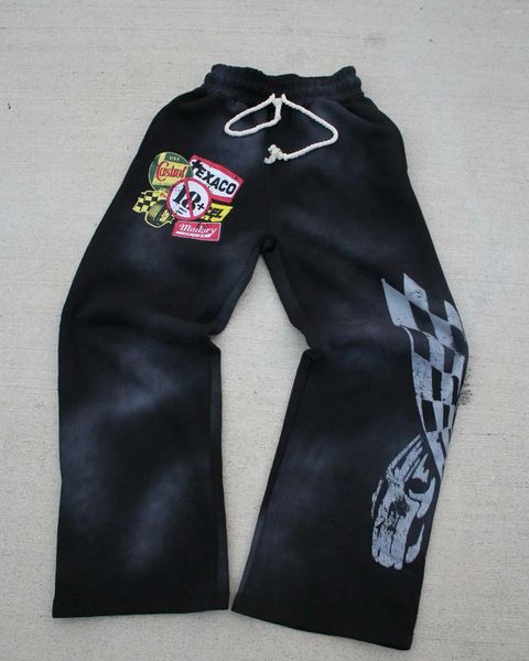 

Men' Pants Streetwear Distressed Wide Leg Harajuku Plaid Graphic Print Trousers Y2K Gothic Black Sweatpants Men Women Track, A8