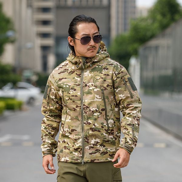 

Sharkskin Soft-shell Hard Shell Camouflage Jacket Fleece Thick Tactical Suit Hooded Coat Manufacturers Handsome Outdoor Jacket, Beige