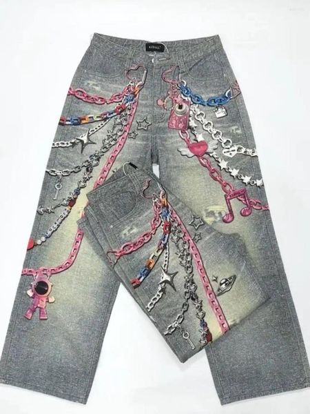 

Men's Jeans Y2K Chain Printed High Waist Men American Retro Personality Straight-leg Pants Street Hip-hop Oversized Women, Aa