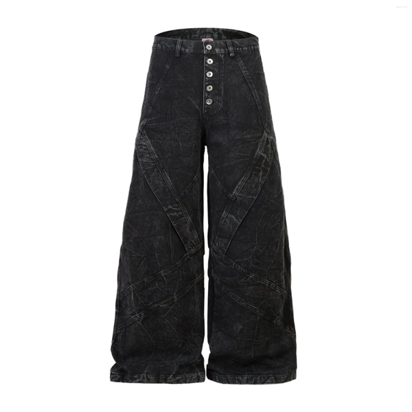 

Men's Jeans American High Street Style Loose Fit Distressed Washed Black Heavy Duty Patchwork Design Casual Cuffed