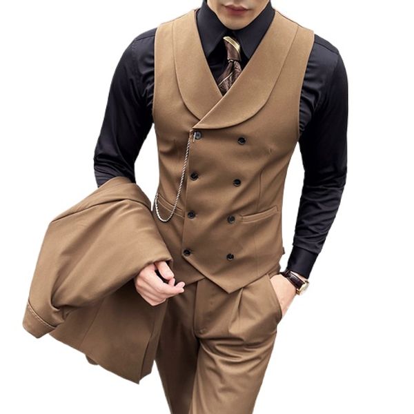 

High Quality Autumn Double Breasted Suit Vest Men Business Formal Sleeveless Vest Slim Fit Wedding Groom Banquet Party Waistcoat, Army green