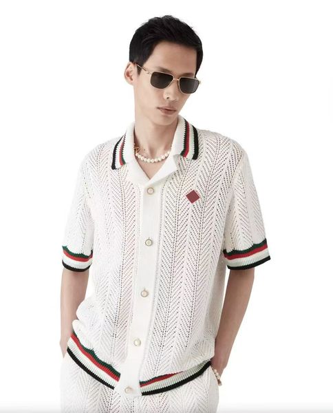 

25ss casas new tide behind the pattern embroidery print Casasblanc men luxury designer loose hollow short-sleeved casual knitted cardigan shirt sweater coat tops tn, Rose