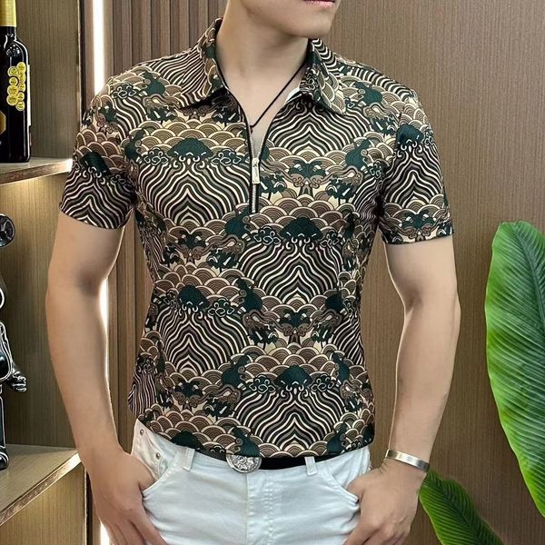 

Chinese Style Retro Polo Shirt for Men Summer Short Sleeve Slim Fit Lapel T-shirts Fashion Zipper Casual Business Polo Shirts, Black
