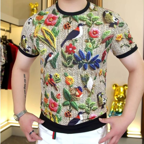 

2025 Summer Honeycomb Mesh Short Sleeve T-shirt Men Retro Print Round Neck Casual T-shirt Ice Silk Social Streetwear Tee Tops, Beige