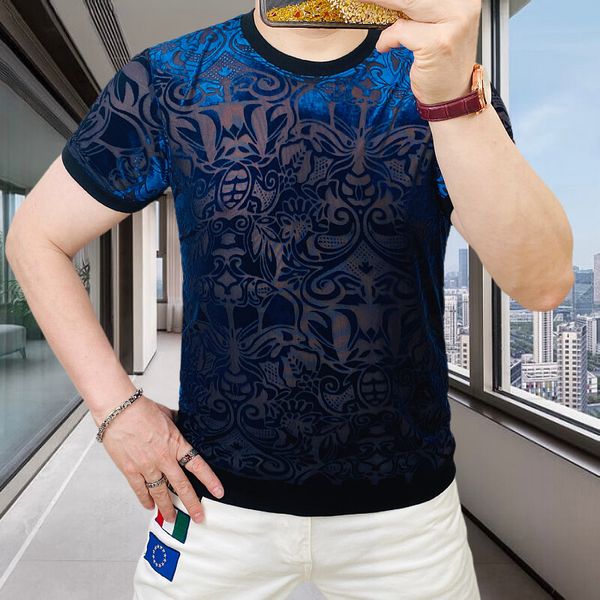 

Trendy Summer Sexy Mesh Hollowed Out T-shirt Men Short Sleeve Flocking Perspective Tshirts Casual Social Streetwear Men Clothing, Blue