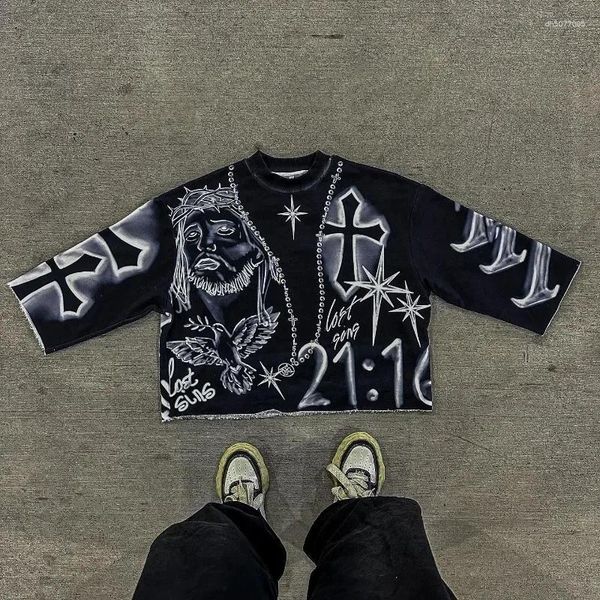 

Men's T Shirts American Retro Top Street Hip-hop Oversized Printed Long Sleeve Men Harajuku Fashion Casual Loose Couple Sweatshirt, A1