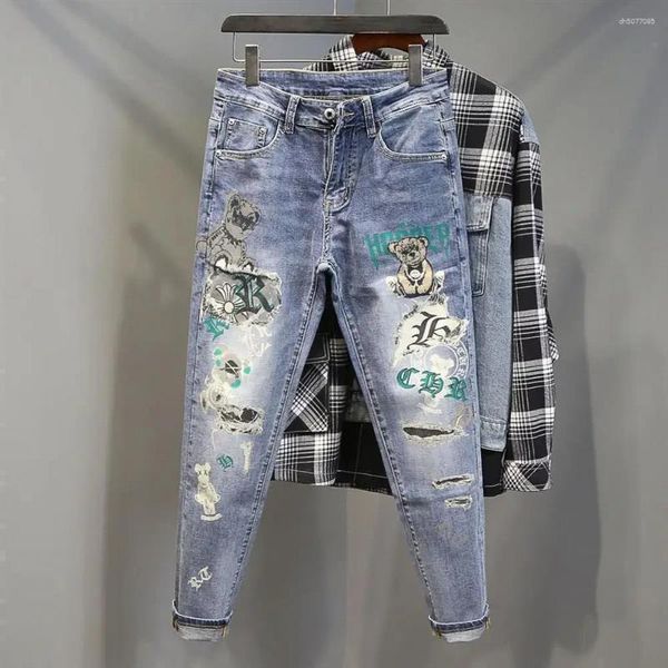

Men's Jeans 2025 Casual Slim For Spring Autumn With Bear Print Pencil Pants Style Luxury Clothing Cowboy Streetwear, 9581 light blue
