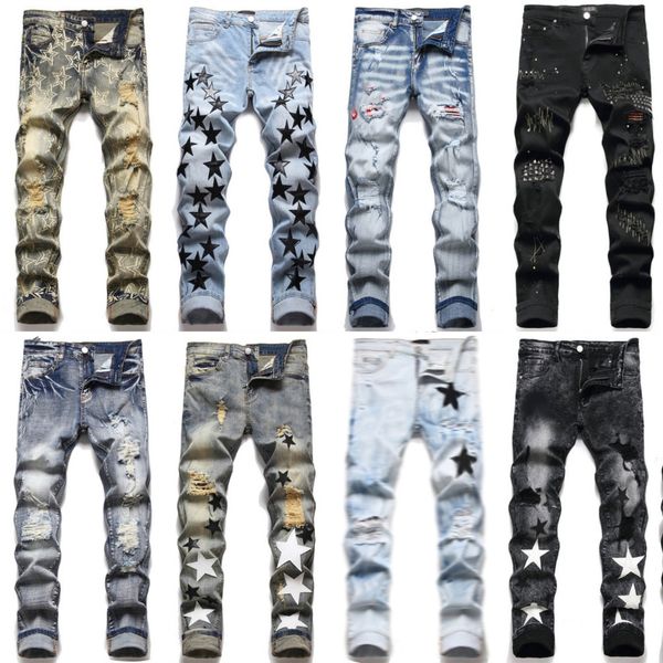 

Mens Designer Jeans Embroidery Hip Hop Joker Denim Pants Men Broken Hole Patch Elastic Slim Feet Pencil Trousers, Color 8