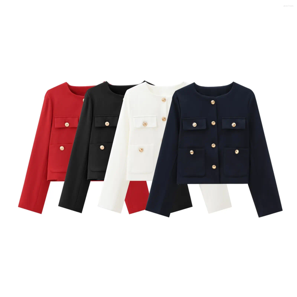 

Women's Jackets Women 2025 AZRAF Summer Fashion Gold Button Short Coat Vintage O Neck Long Sleeve Pockets Casual Female Outerwear Chic Tops, Red