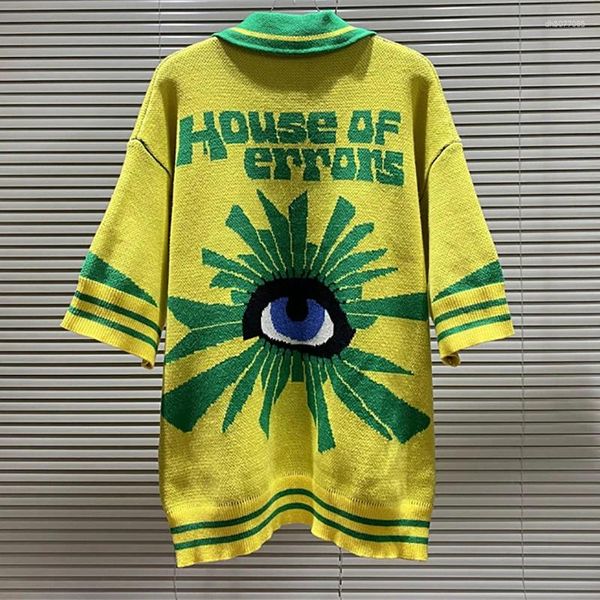 

Men's T Shirts House Of Error Knitted T-shirt Lapel Short Sleeve Sweater Yellow Green Color Letter Pattern Jacquard Tops Men Women, A8