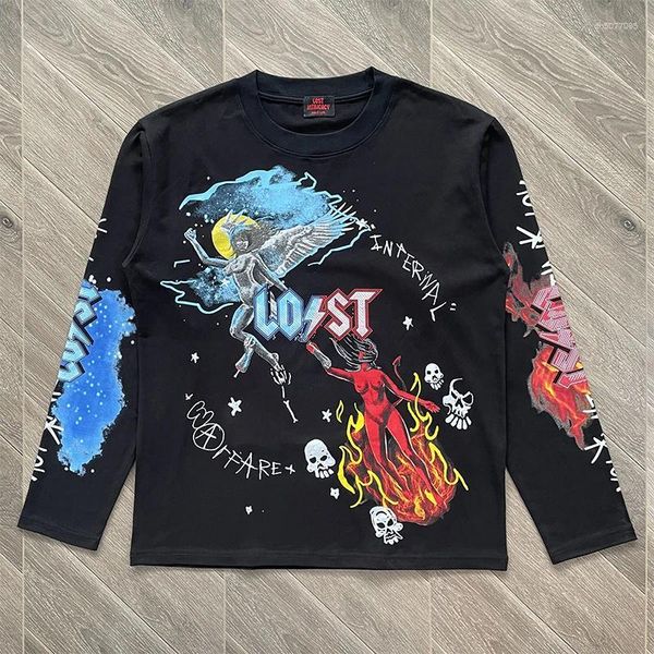 

Men's T Shirts Lost Intricacy Washed Vintage-style Angel And Devil Print Pure Cotton Long-sleeve T-shirt, Black
