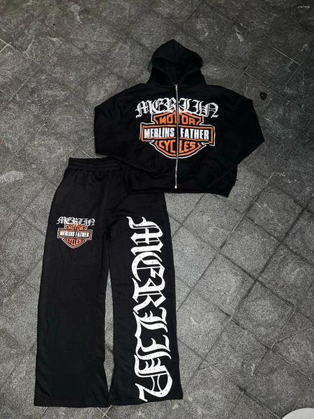 

Men' Tracksuits Printed Letters Sweatpants Two-piece Set Of Retro Clothing Hip-hop Fashion Oversized Casual Zipper Hoodie, Pants