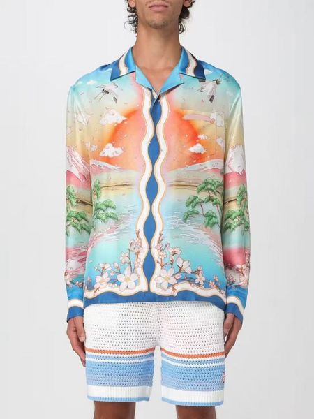 

new casasblanca top quality summer thin loose silk shirt men and women luxury designer lapel button pattern print casual Hawaii beach silk casual cardigan shirt coat, Slategray