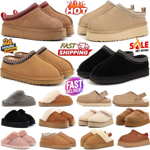 

uggssneaker Tazz Slippers sandals Mens Womens Fur Chestnut Seed Slipon Les Petites Suede Wool Seal Winter Shoes, Red