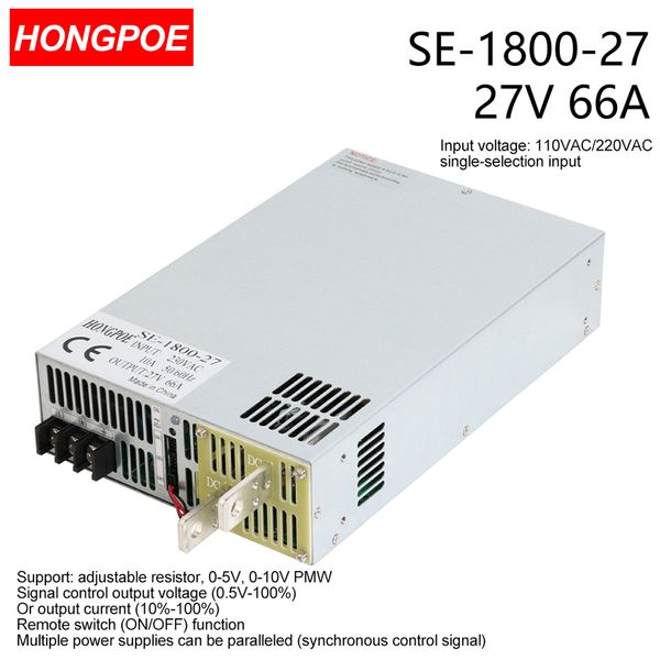 1800W 0-27V SMPS CE Certified Adjustable AC-DC Power Supply with 0-5V/0-10V PLC/PMW Signal Control, 27V 66A Transformer for Motor/Battery/Solar Power