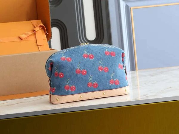 

Designer Cosmetic Toiletry Pouch Makeup Bag Cases Cherry Denim Leather Women Large Shoulder Purse Woman Travel Bags Clutch Handbags Purses Wallets 681 136, Blue