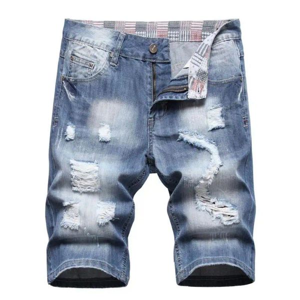 

New Summer Men Light Blue Holes Denim Shorts Jeans Good Quality Male Cotton Straight Short Jeans Ripped Knee Length Jeans 42, Silver