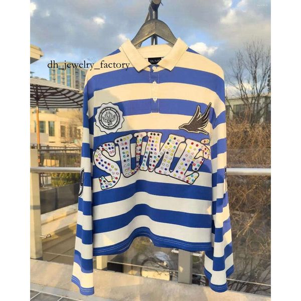 

Men's T Shirts Harajuku Top SUME Text Rhinestone Print Long Sleeved Shirt Style Retro Striped Hip-hop Street Collar 458, A2