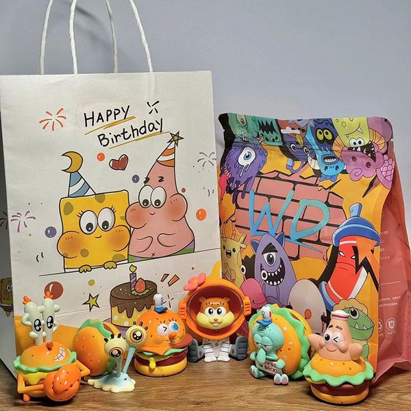 Sponges Bobs Anime Dolls 6pcs/set Delicious Crab Burger Figure Collection Model Toys Children's Christmas and Birthday Gifts 22118