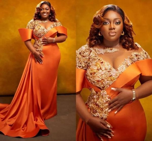 Orange Satin Plus Size Prom Dresses For African Black Women Sparkly Sequined Lace Sexy Hole Special Occasion Evening Gowns Formals Second Reception Dress CL3911