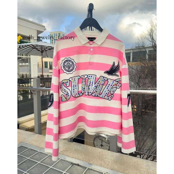 

Men's T Shirts Harajuku Top SUME Text Rhinestone Print Long Sleeved Shirt Style Retro Striped Hip-hop Street Collar d38, A1