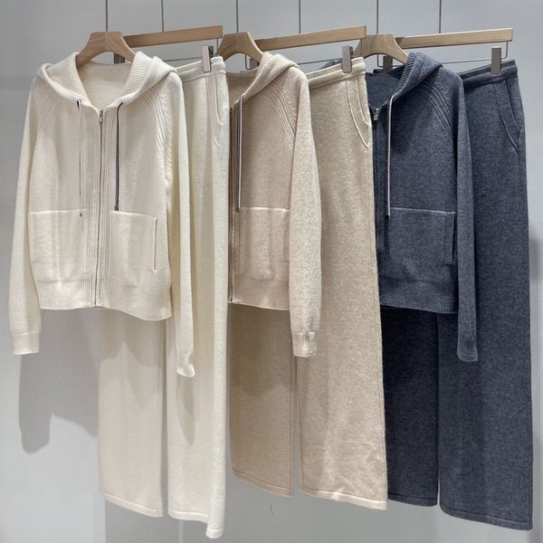 Hooded Cashmere Cardigan Set - Drawstring Color-Block Knit Sweater & Straight Pants Z260311