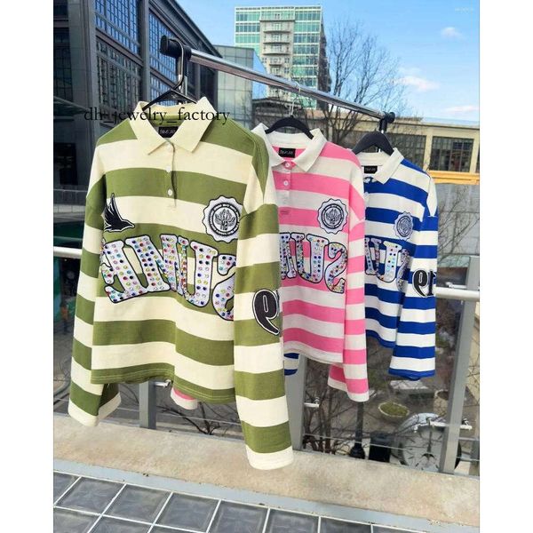 

Men's T Shirts Harajuku Top SUME Text Rhinestone Print Long Sleeved Shirt Style Retro Striped Hip-hop Street Collar afe, A4