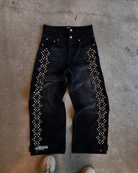 

Men's Jeans Streetwear Y2k For Men Embroidered With Rhinestone Letters Baggy Holes Retro Double Layer Waistband Black Pants, A3