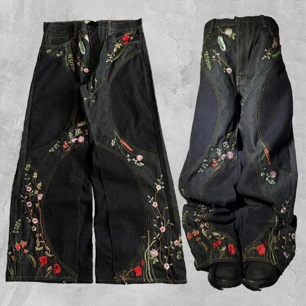 

Men's Jeans Y2K Floral Baggy Retro Blossom Embroidery Streamlined Unisex Streetwear Gothic High Street Oversized Wide Leg Men Pants, Black