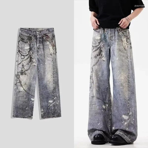 

Men's Jeans 2025 3D Chain Printed Baggy Autumn Casual Straight Denim Pants Women High Street Blue Wide-leg Y2K Jean