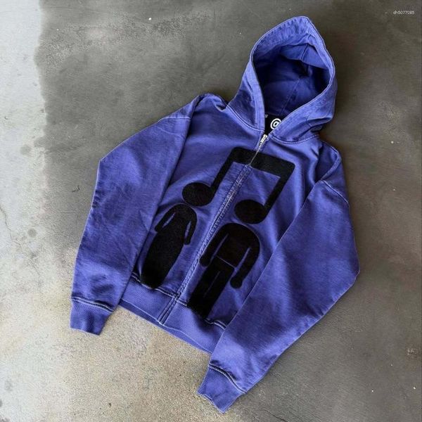

Women's Hoodies American Style Vintage Funny Note Foaming Printing Distinctive Street Men And Zipper Hoodie Sweater Jacket, Blue (hat can hold headphones)