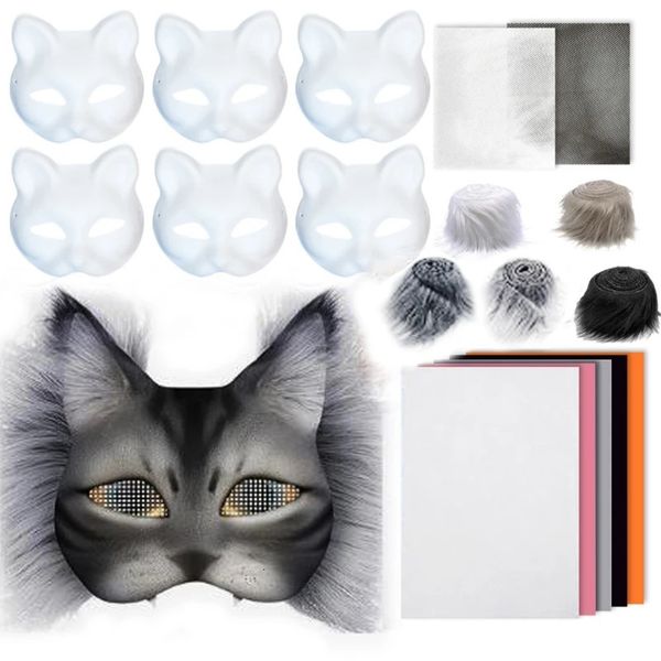 Unpainted Masquerades Mask with Furry Trim Adhesive Fabric Net Cloth Cats Face Mask Hand for Halloween Supply H7EF 250818