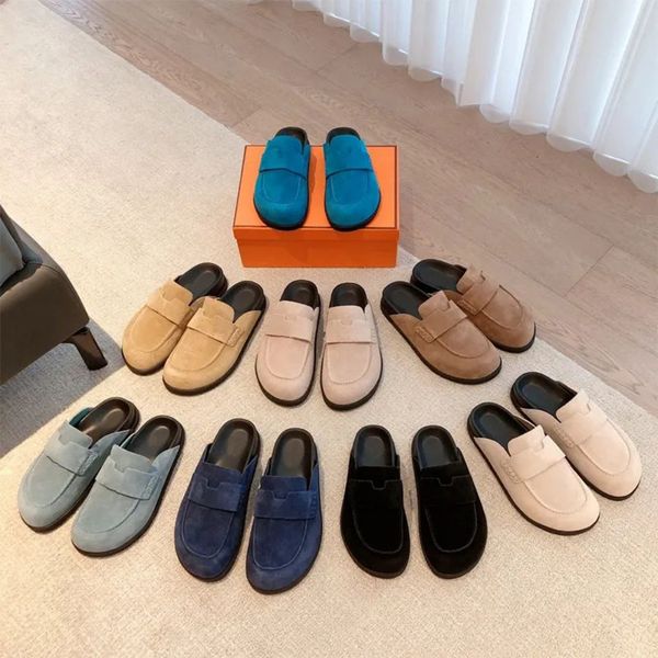 Designer Mule Slippers Suede Loafers for Women Men Summer Slip On Sandals Round toe Beach shoes Casual shoes Boken shoes Comfortable Stylish Shoes Factory footwear