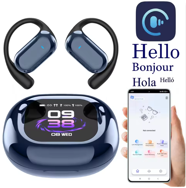 Real Time AI Translator YYK Q16S Pro Bluetooth Wireless Translation Earbuds LCD Full Color Smart Touch Screen Over Ear Earphones Ear