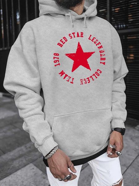 

Men's Hoodies Hoodie With Red Star Print - Casual Pullover For Fall & Winter Long Sleeve Kangaroo Pocket, Black