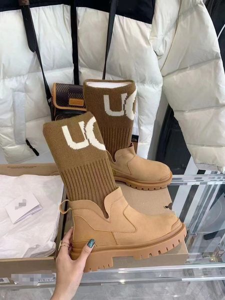 Designer Boots Elastic Knit Patchwork Martin Boot Women's Thick Soled Round Toe Shoe Autumn And Winter Shoes