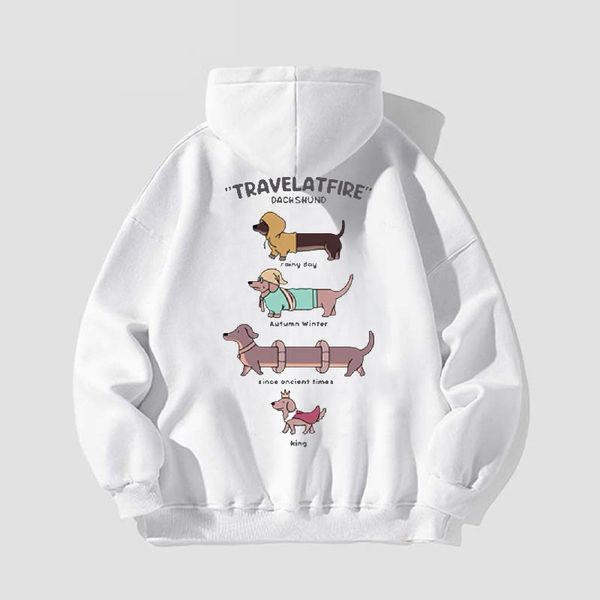 

Dog cartoon fun dachshund printed hooded sweater for men and women in autumn and winter plus velvet loose casual coat, White