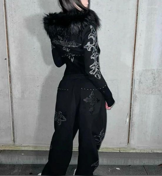 

Women's Two Piece Pants Black Fur Collar Tracksuits Women Gothic Cross Graphic Rhinestone Short Slim Fit Zipper Hoodies Harajuku, Hoodie1
