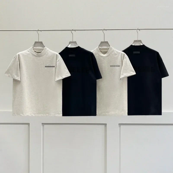 

Men's T Shirts Classic Double Line Loose T-shirt Back Two Rows Flocking Letters Logo Short Sleeved Fashion Couple High Street Top, Oatmeal